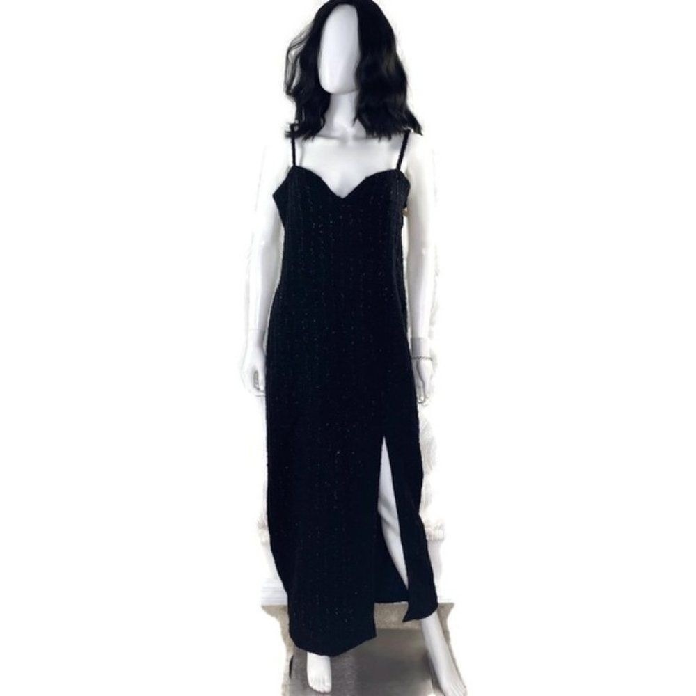 Vintage 90s Vamy Sparkle Pinstripe Wool Dress US M Black High Split Gown Formal